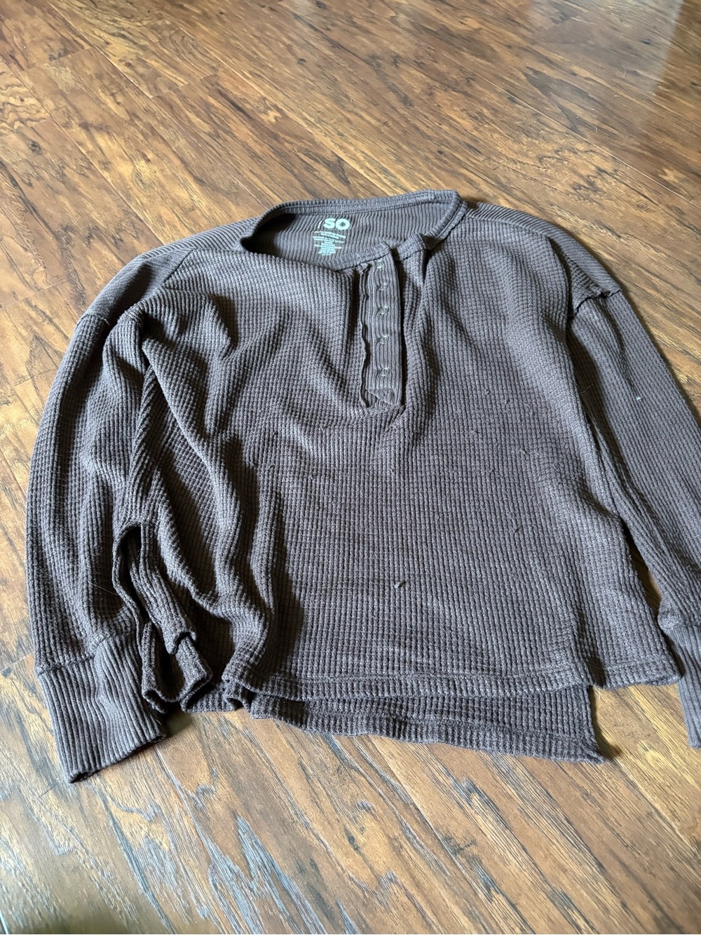 Waffle Knit Henley Long Sleeve Top - Dark Brown